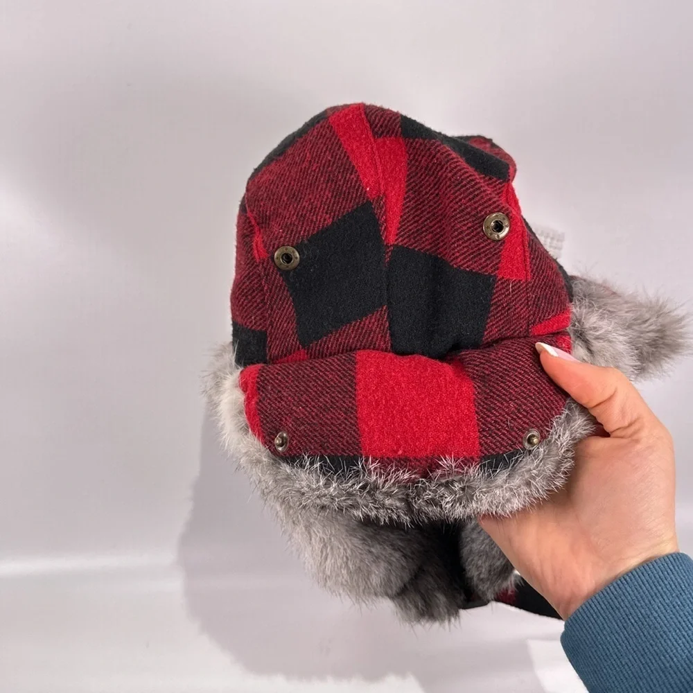 Yukon Tracks Mens Trapper Hat Rabbit Fur Buffalo Plaid Size L